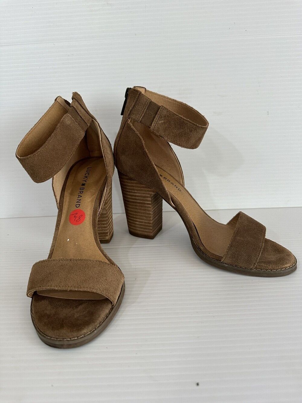Lucky Brand Tan Camel Stacked Heel Sandals Open Toe Size 8.5